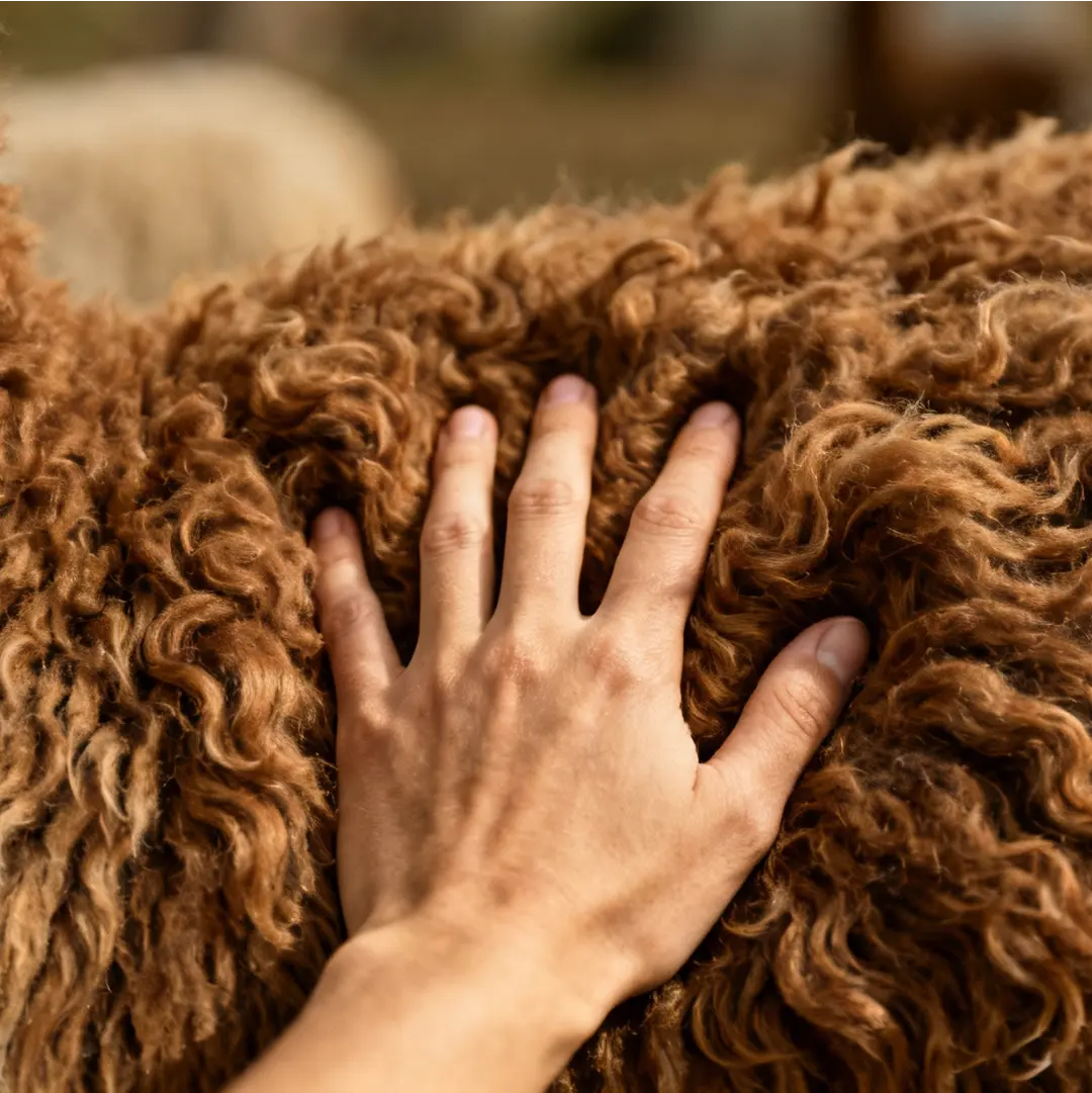 A hand pressed into thick alpaca fleece